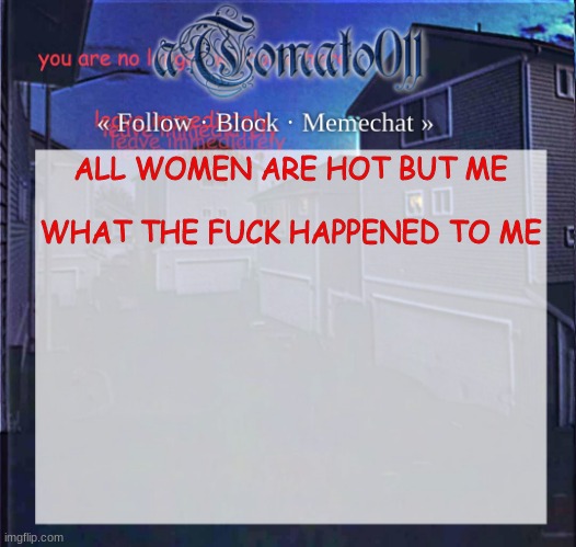 aTomato011 | ALL WOMEN ARE HOT BUT ME
 

WHAT THE FUCK HAPPENED TO ME | image tagged in atomato011 | made w/ Imgflip meme maker