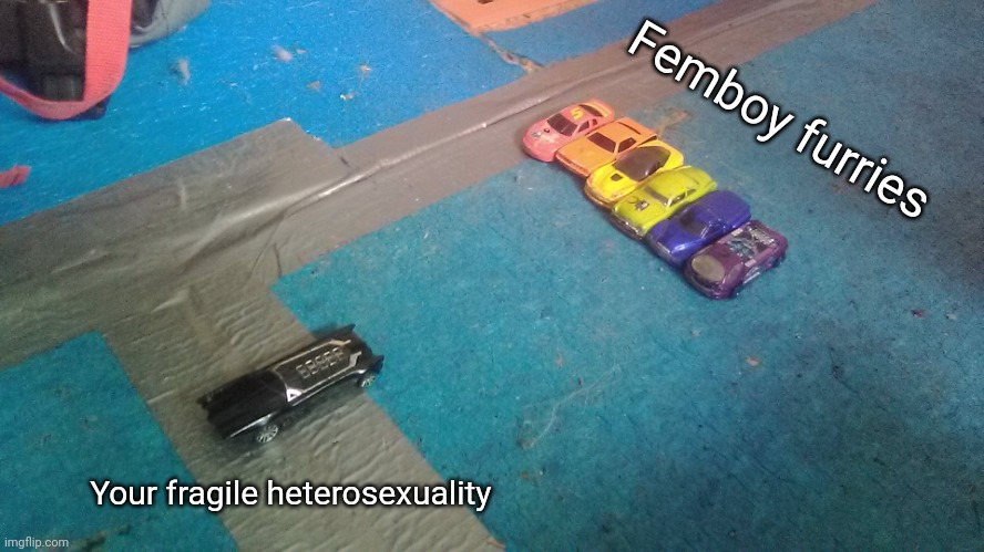 Decided to make a template because why not lol | Femboy furries; Your fragile heterosexuality | image tagged in gay cars outnumbering solo car | made w/ Imgflip meme maker