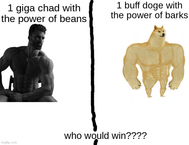 Who would win? | 1 buff doge with the power of barks; 1 giga chad with the power of beans; who would win???? | image tagged in memes,buff doge vs cheems | made w/ Imgflip meme maker