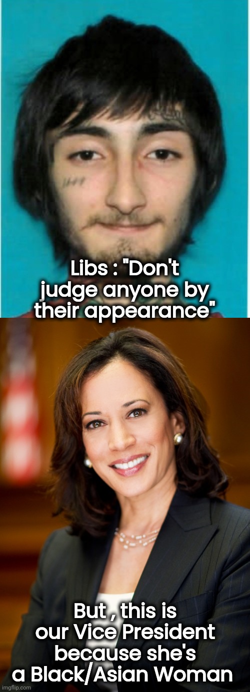 The Latest Whining | Libs : "Don't judge anyone by their appearance"; But , this is our Vice President because she's a Black/Asian Woman | image tagged in kamala harris,murderer,terrorist,why not both | made w/ Imgflip meme maker