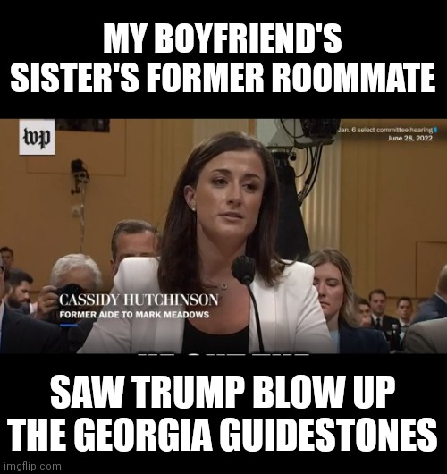 Everything is Trump's fault | MY BOYFRIEND'S SISTER'S FORMER ROOMMATE; SAW TRUMP BLOW UP THE GEORGIA GUIDESTONES | image tagged in tds | made w/ Imgflip meme maker