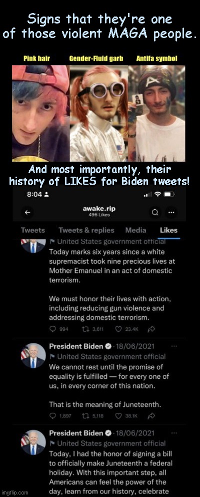 John Crimo III, aka Awake the Rapper, and the ominous "proof" he's MAGA!! | Signs that they're one of those violent MAGA people. And most importantly, their history of LIKES for Biden tweets! | image tagged in media lies,fake news,propaganda,robert crimo iii,highland park parade shooting suspect,liberal irony | made w/ Imgflip meme maker