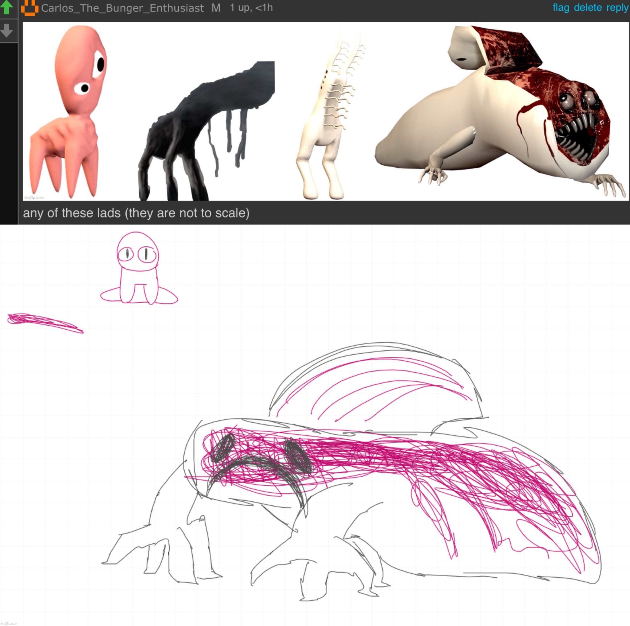 red monster and a nugget (how do i draw hands) | made w/ Imgflip meme maker