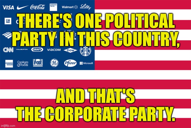 One political party | THERE'S ONE POLITICAL PARTY IN THIS COUNTRY, AND THAT'S THE CORPORATE PARTY. | image tagged in corporations,one political party,corporate party,money,greed,power | made w/ Imgflip meme maker