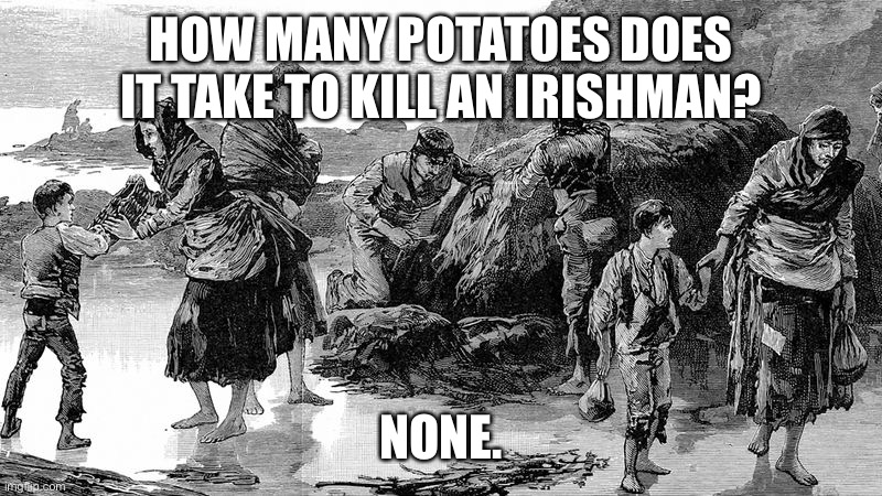 (The Irish Potato Famine) | HOW MANY POTATOES DOES IT TAKE TO KILL AN IRISHMAN? NONE. | made w/ Imgflip meme maker