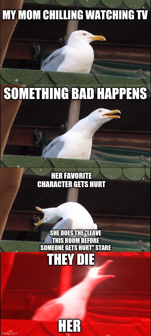 Inhaling Seagull | MY MOM CHILLING WATCHING TV; SOMETHING BAD HAPPENS; HER FAVORITE CHARACTER GETS HURT; SHE DOES THE ''LEAVE THIS ROOM BEFORE SOMEONE GETS HURT'' STARE; THEY DIE; HER | image tagged in memes,inhaling seagull | made w/ Imgflip meme maker