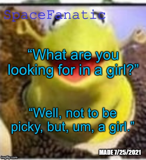 Maybe alive, but that’s not really a requirement | “What are you looking for in a girl?”; “Well, not to be picky, but, um, a girl.” | image tagged in spacefanatic announcement temp | made w/ Imgflip meme maker