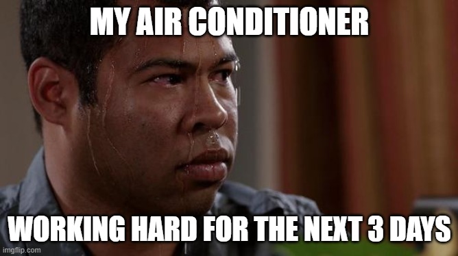 Heat wave for the next few days | MY AIR CONDITIONER; WORKING HARD FOR THE NEXT 3 DAYS | image tagged in sweating bullets,summer,hot | made w/ Imgflip meme maker