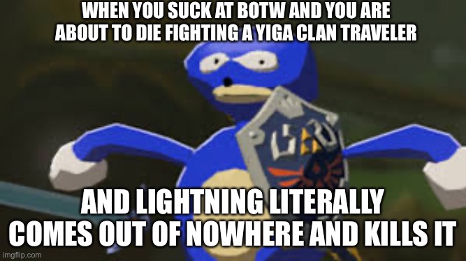Sanic BOTW | WHEN YOU SUCK AT BOTW AND YOU ARE ABOUT TO DIE FIGHTING A YIGA CLAN TRAVELER; AND LIGHTNING LITERALLY COMES OUT OF NOWHERE AND KILLS IT | image tagged in sanic botw | made w/ Imgflip meme maker