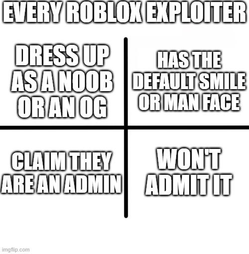 Every ROBLOX Hacker/Exploiter | EVERY ROBLOX EXPLOITER; HAS THE DEFAULT SMILE OR MAN FACE; DRESS UP AS A NOOB OR AN OG; CLAIM THEY ARE AN ADMIN; WON'T ADMIT IT | image tagged in memes,blank starter pack,roblox,exploiters,hackers,ban hammer | made w/ Imgflip meme maker