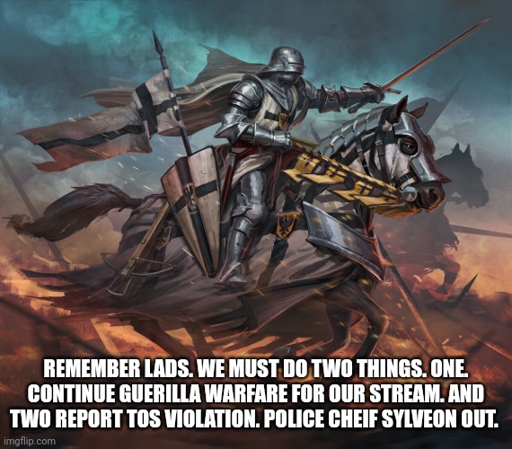 Mod note: This may be another crusader stream but it's a chill place.  | REMEMBER LADS. WE MUST DO TWO THINGS. ONE. CONTINUE GUERILLA WARFARE FOR OUR STREAM. AND TWO REPORT TOS VIOLATION. POLICE CHIEF SYLVEON OUT. | image tagged in tuetonic knight | made w/ Imgflip meme maker