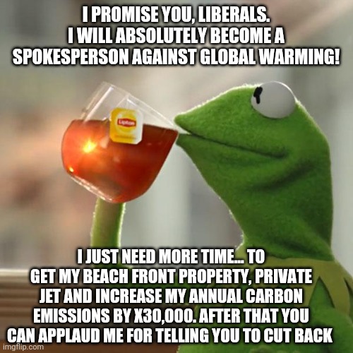 This is an expensive starter pack! | I PROMISE YOU, LIBERALS. I WILL ABSOLUTELY BECOME A SPOKESPERSON AGAINST GLOBAL WARMING! I JUST NEED MORE TIME... TO GET MY BEACH FRONT PROPERTY, PRIVATE JET AND INCREASE MY ANNUAL CARBON EMISSIONS BY X30,000. AFTER THAT YOU CAN APPLAUD ME FOR TELLING YOU TO CUT BACK | image tagged in memes,but that's none of my business,kermit the frog | made w/ Imgflip meme maker