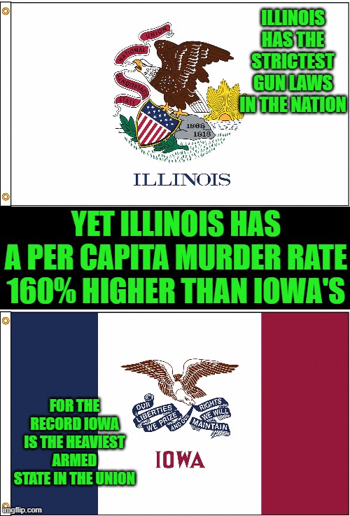 yep | ILLINOIS HAS THE STRICTEST GUN LAWS IN THE NATION; YET ILLINOIS HAS A PER CAPITA MURDER RATE 160% HIGHER THAN IOWA'S; FOR THE RECORD IOWA IS THE HEAVIEST ARMED STATE IN THE UNION | image tagged in democrats | made w/ Imgflip meme maker