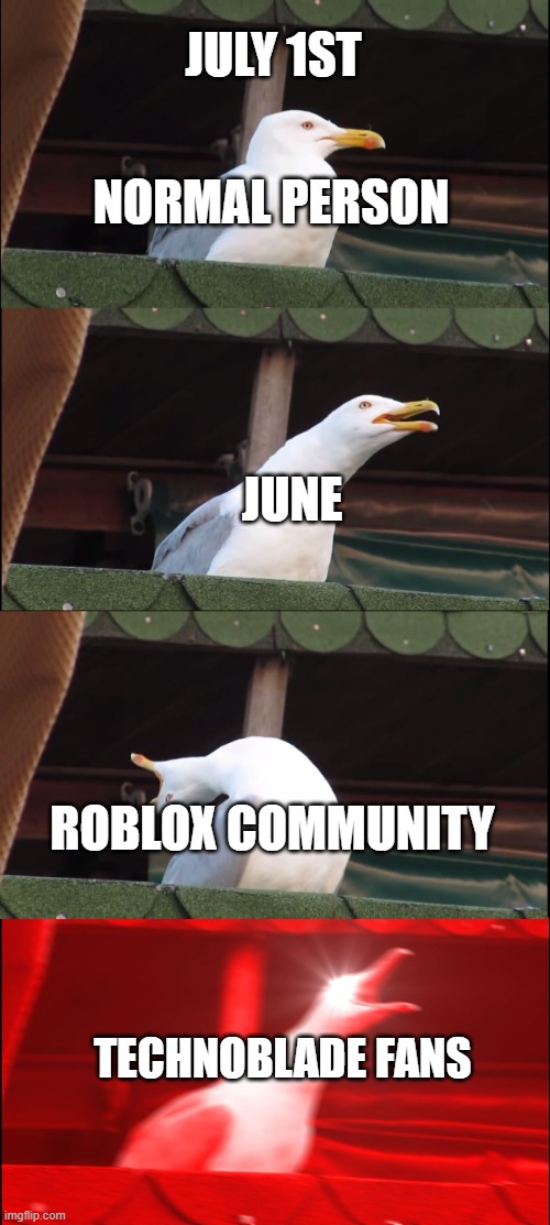 True | JULY 1ST; NORMAL PERSON; JUNE; ROBLOX COMMUNITY; TECHNOBLADE FANS | image tagged in memes,inhaling seagull | made w/ Imgflip meme maker