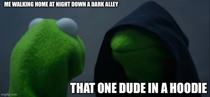 Evil Kermit | ME WALKING HOME AT NIGHT DOWN A DARK ALLEY; THAT ONE DUDE IN A HOODIE | image tagged in memes,evil kermit | made w/ Imgflip meme maker