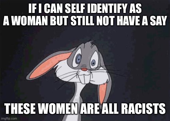 bugs bunny crazy face | IF I CAN SELF IDENTIFY AS A WOMAN BUT STILL NOT HAVE A SAY THESE WOMEN ARE ALL RACISTS | image tagged in bugs bunny crazy face | made w/ Imgflip meme maker