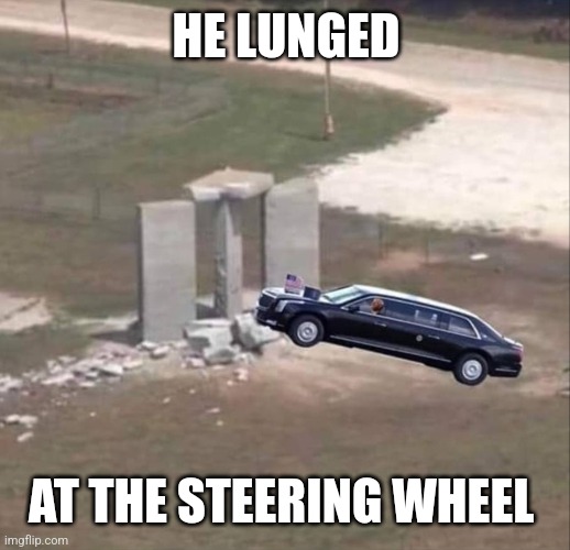 He lunged into the georgia guidestones | HE LUNGED; AT THE STEERING WHEEL | image tagged in memes,funny | made w/ Imgflip meme maker