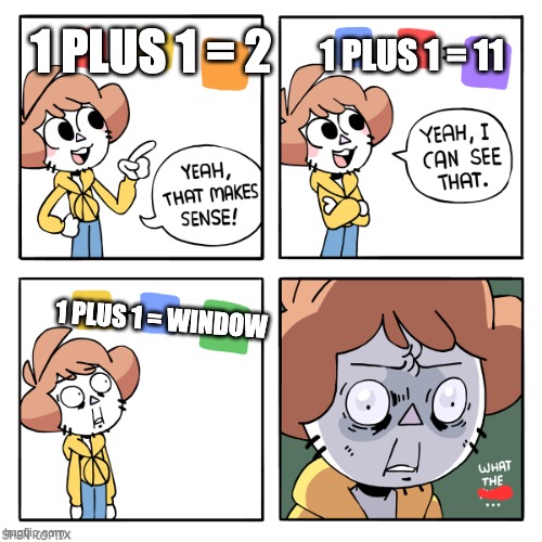 Yeah That Makes Sense | 1 PLUS 1 = 11; 1 PLUS 1 = 2; 1 PLUS 1 = WINDOW | image tagged in yeah that makes sense | made w/ Imgflip meme maker