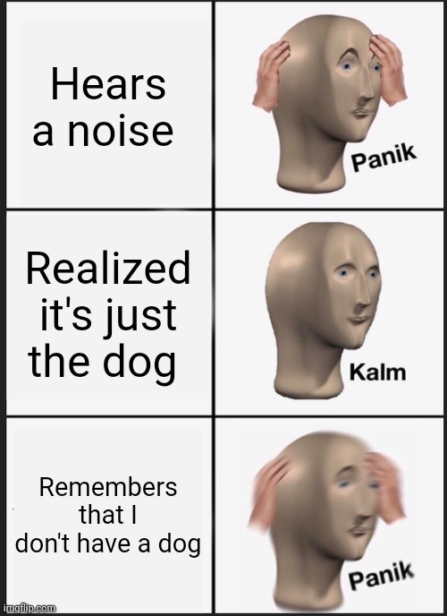 Panik Kalm Panik | Hears a noise; Realized it's just the dog; Remembers that I don't have a dog | image tagged in memes,panik kalm panik | made w/ Imgflip meme maker