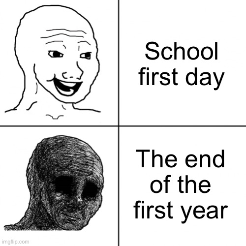 Happy Wojak vs Depressed Wojak | School first day; The end of the first year | image tagged in happy wojak vs depressed wojak | made w/ Imgflip meme maker