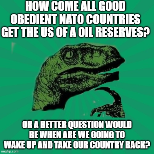 TrexWW3 | HOW COME ALL GOOD OBEDIENT NATO COUNTRIES GET THE US OF A OIL RESERVES? OR A BETTER QUESTION WOULD BE WHEN ARE WE GOING TO WAKE UP AND TAKE OUR COUNTRY BACK? | image tagged in trexww3 | made w/ Imgflip meme maker