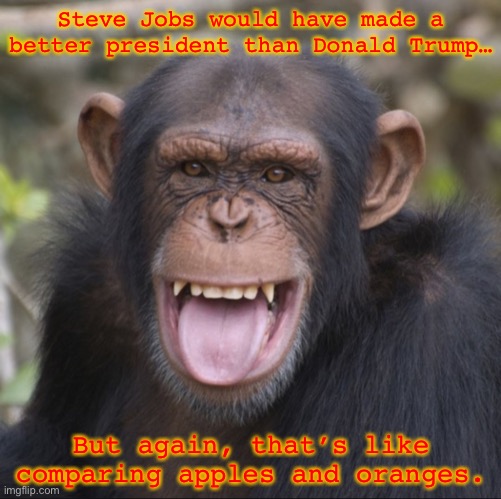 literally ? | Steve Jobs would have made a better president than Donald Trump…; But again, that’s like comparing apples and oranges. | image tagged in cheeky monkey | made w/ Imgflip meme maker