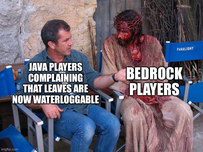 Mel Gibson and Jesus Christ | BEDROCK PLAYERS; JAVA PLAYERS COMPLAINING THAT LEAVES ARE NOW WATERLOGGABLE | image tagged in mel gibson and jesus christ | made w/ Imgflip meme maker
