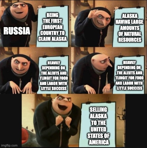 Russia and Alaska | BEING THE FIRST EUROPEAN COUNTRY TO CLAIM ALASKA; ALASKA HAVING LARGE 
AMOUNTS OF NATURAL RESOURCES; RUSSIA; HEAVILY DEPENDING ON 
THE ALEUTS AND TLINGIT FOR FOOD AND LABOR WITH 
LITTLE SUCCESS; HEAVILY DEPENDING ON 
THE ALEUTS AND TLINGIT FOR FOOD AND LABOR WITH 
LITTLE SUCCESS; SELLING 
ALASKA 
TO THE 
UNITED 
STATES OF 
AMERICA | image tagged in 5 panel gru meme,historical meme | made w/ Imgflip meme maker