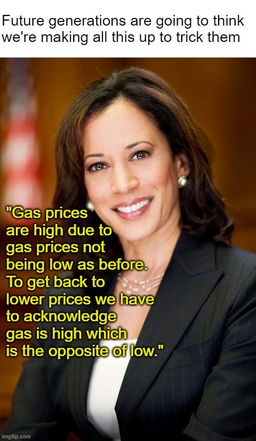 At least now we know why so much history is "embellished" | Future generations are going to think 
we're making all this up to trick them; "Gas prices are high due to gas prices not being low as before. To get back to lower prices we have to acknowledge gas is high which is the opposite of low." | image tagged in kamala harris | made w/ Imgflip meme maker