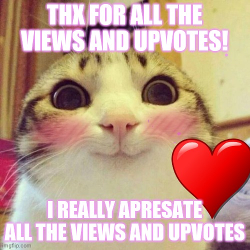 THX EVERYONE | THX FOR ALL THE VIEWS AND UPVOTES! I REALLY APRESATE ALL THE VIEWS AND UPVOTES | image tagged in memes,smiling cat | made w/ Imgflip meme maker