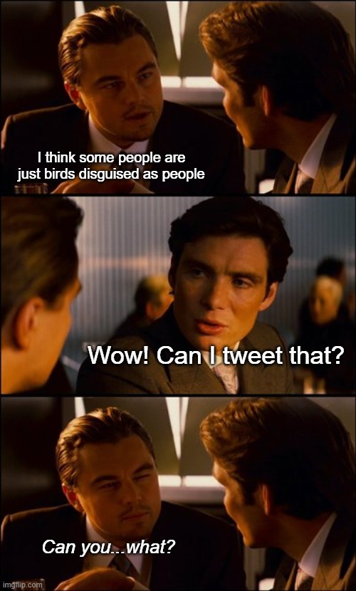 Cheese it, boys, the jig's up | I think some people are just birds disguised as people; Wow! Can I tweet that? Can you...what? | image tagged in conversation | made w/ Imgflip meme maker