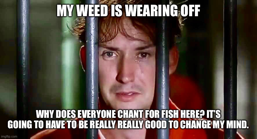 Weed half baked fish | MY WEED IS WEARING OFF; WHY DOES EVERYONE CHANT FOR FISH HERE? IT’S GOING TO HAVE TO BE REALLY REALLY GOOD TO CHANGE MY MIND. | image tagged in half baked | made w/ Imgflip meme maker
