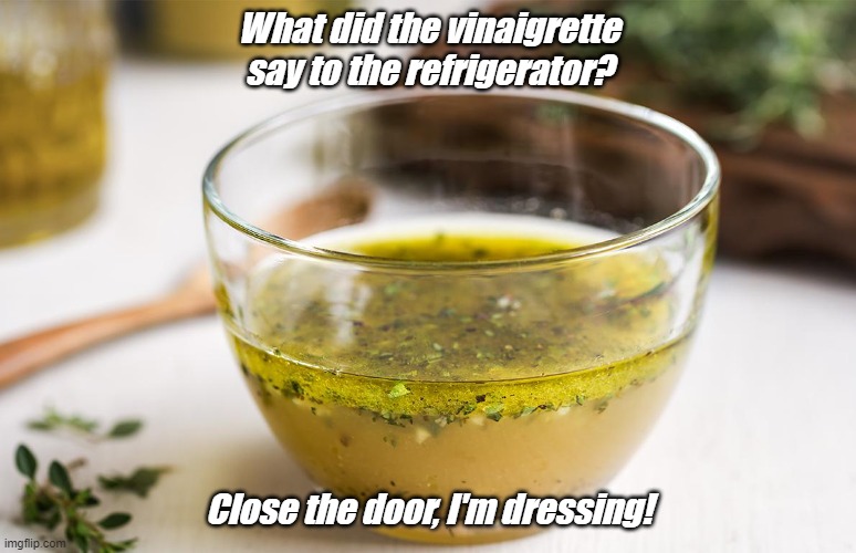 Dad Joke Of The Day! | What did the vinaigrette say to the refrigerator? Close the door, I'm dressing! | image tagged in dad joke meme,vinaigrette,dressing,refridgerator,close the door | made w/ Imgflip meme maker