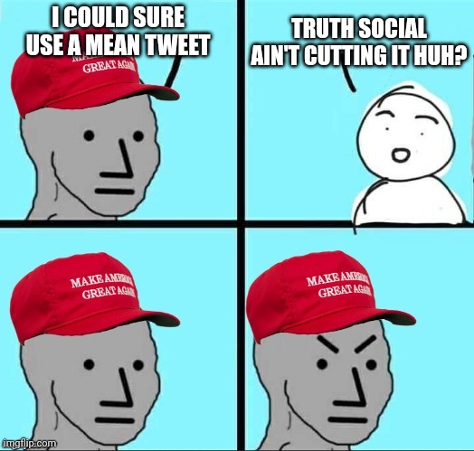 Maybe try Frank? | I COULD SURE USE A MEAN TWEET; TRUTH SOCIAL AIN'T CUTTING IT HUH? | image tagged in maga npc | made w/ Imgflip meme maker
