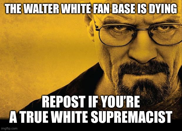 Breaking bad | THE WALTER WHITE FAN BASE IS DYING REPOST IF YOU’RE A TRUE WHITE SUPREMACIST | image tagged in breaking bad | made w/ Imgflip meme maker