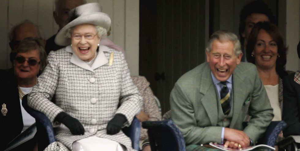 Queen and Prince Charles laughing Blank Meme Template