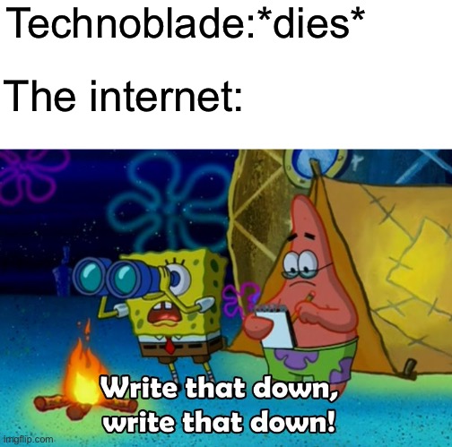 These Technoblade memes are now getting stale and unfunny |  Technoblade:*dies*; The internet: | image tagged in write that down,technoblade,the internet | made w/ Imgflip meme maker