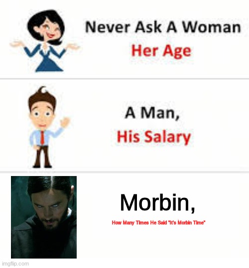 [insert good title here] | Morbin, How Many Times He Said "It's Morbin Time" | image tagged in never ask a woman her age | made w/ Imgflip meme maker