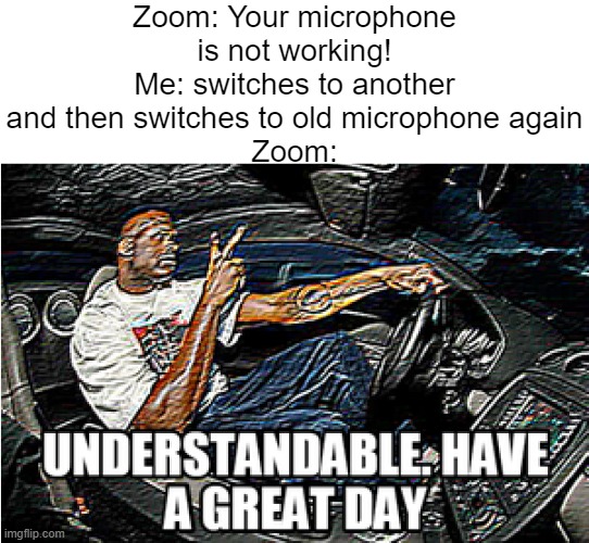 UNDERSTANDABLE, HAVE A GREAT DAY | Zoom: Your microphone is not working!
Me: switches to another and then switches to old microphone again
Zoom: | image tagged in understandable have a great day | made w/ Imgflip meme maker