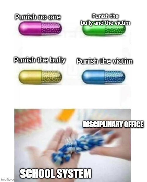 School system and disciplinary office in a nutshell | Punish the bully and the victim; Punish no one; Punish the victim; Punish the bully; DISCIPLINARY OFFICE; SCHOOL SYSTEM | image tagged in blank pills meme | made w/ Imgflip meme maker