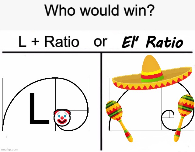 E L ' | Who would win? or; L + Ratio; El' Ratio; L; 🤡 | image tagged in who would win blank,ratio,l,memes | made w/ Imgflip meme maker
