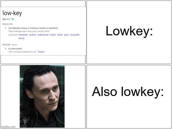 Lowkey |  Lowkey:; Also lowkey: | image tagged in memes,blank comic panel 2x2 | made w/ Imgflip meme maker
