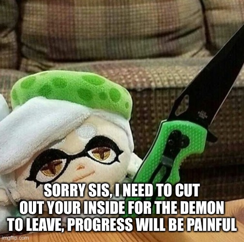 Marie plush with a knife | SORRY SIS, I NEED TO CUT OUT YOUR INSIDE FOR THE DEMON TO LEAVE, PROGRESS WILL BE PAINFUL | image tagged in marie plush with a knife | made w/ Imgflip meme maker