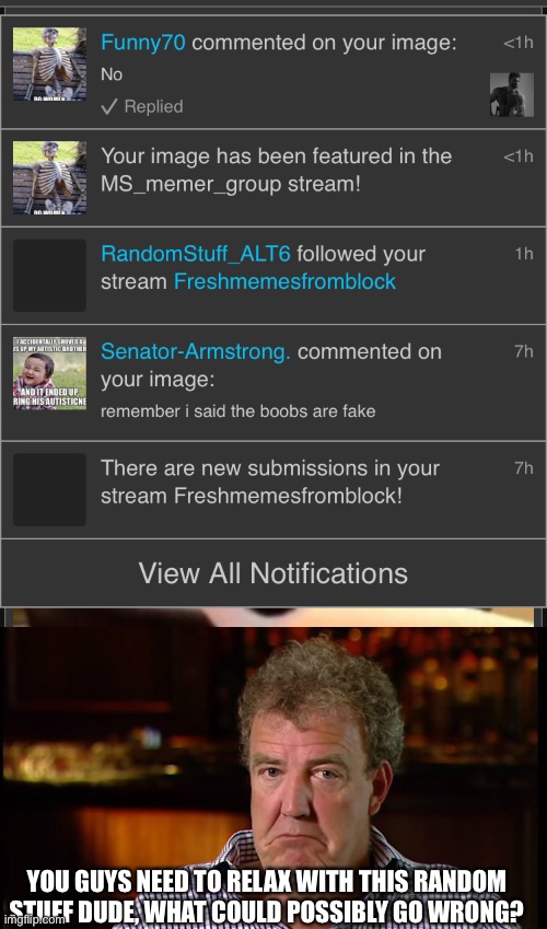 Help? | YOU GUYS NEED TO RELAX WITH THIS RANDOM STUFF DUDE, WHAT COULD POSSIBLY GO WRONG? | image tagged in what could possibly go wrong | made w/ Imgflip meme maker