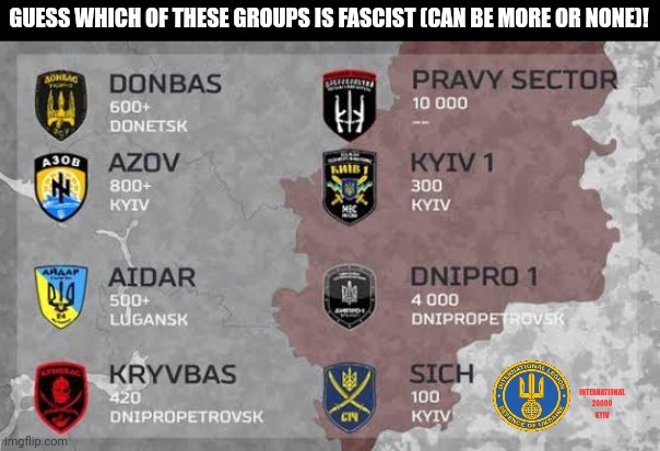 GUESS WHICH OF THESE GROUPS IS FASCIST (CAN BE MORE OR NONE)! INTERNATIONAL
20000
KYIV | image tagged in memes,ukraine,war | made w/ Imgflip meme maker