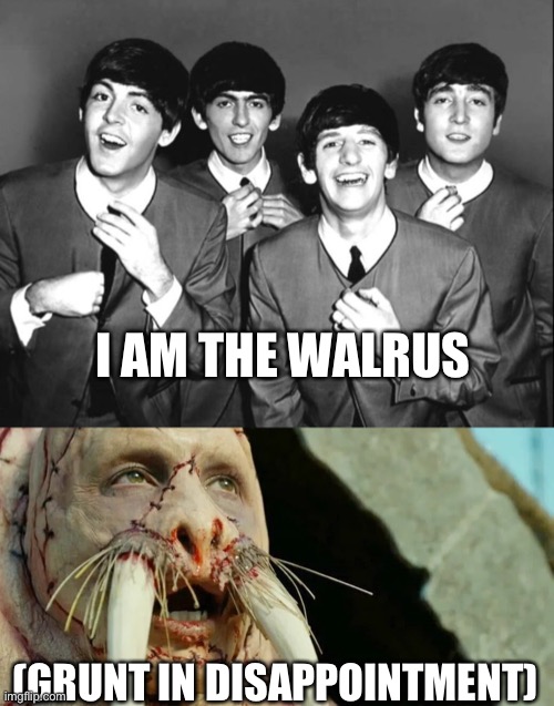I AM THE WALRUS; (GRUNT IN DISAPPOINTMENT) | image tagged in the beatles,tusk | made w/ Imgflip meme maker