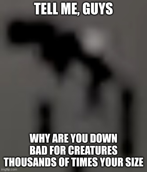 tiny day 17 my beloved | TELL ME, GUYS; WHY ARE YOU DOWN BAD FOR CREATURES THOUSANDS OF TIMES YOUR SIZE | image tagged in tiny day 17 my beloved | made w/ Imgflip meme maker