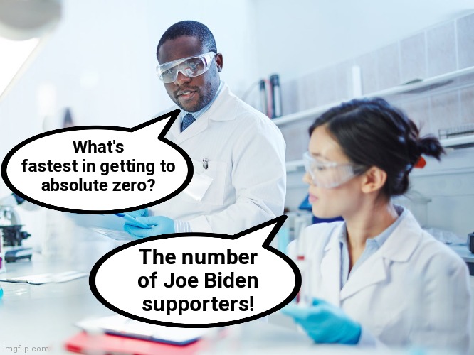 Trust the science! | What's
fastest in getting to
absolute zero? The number
of Joe Biden
supporters! | image tagged in memes,joe biden,supporters,absolute zero,democrats,shitshow | made w/ Imgflip meme maker