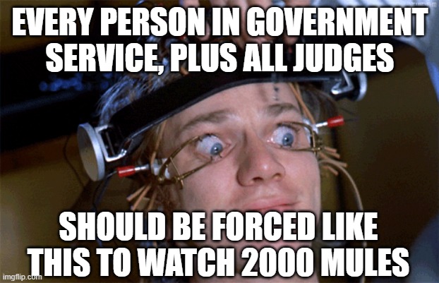 see the evidence | EVERY PERSON IN GOVERNMENT SERVICE, PLUS ALL JUDGES; SHOULD BE FORCED LIKE THIS TO WATCH 2000 MULES | image tagged in eyes wide open | made w/ Imgflip meme maker