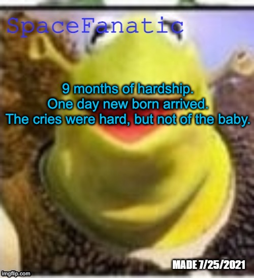 This poem goes hard, feel free to screenshot | 9 months of hardship.

One day new born arrived.

The cries were hard, but not of the baby. | image tagged in spacefanatic announcement temp | made w/ Imgflip meme maker
